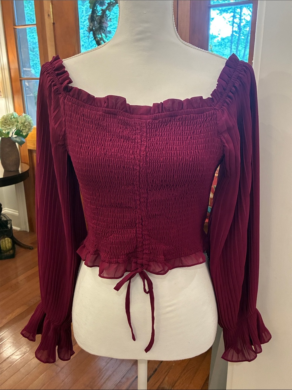 She+Sky Off-Shoulder Burgundy Top Smocked Elastic Bodice, Gathered Long-Sleeves